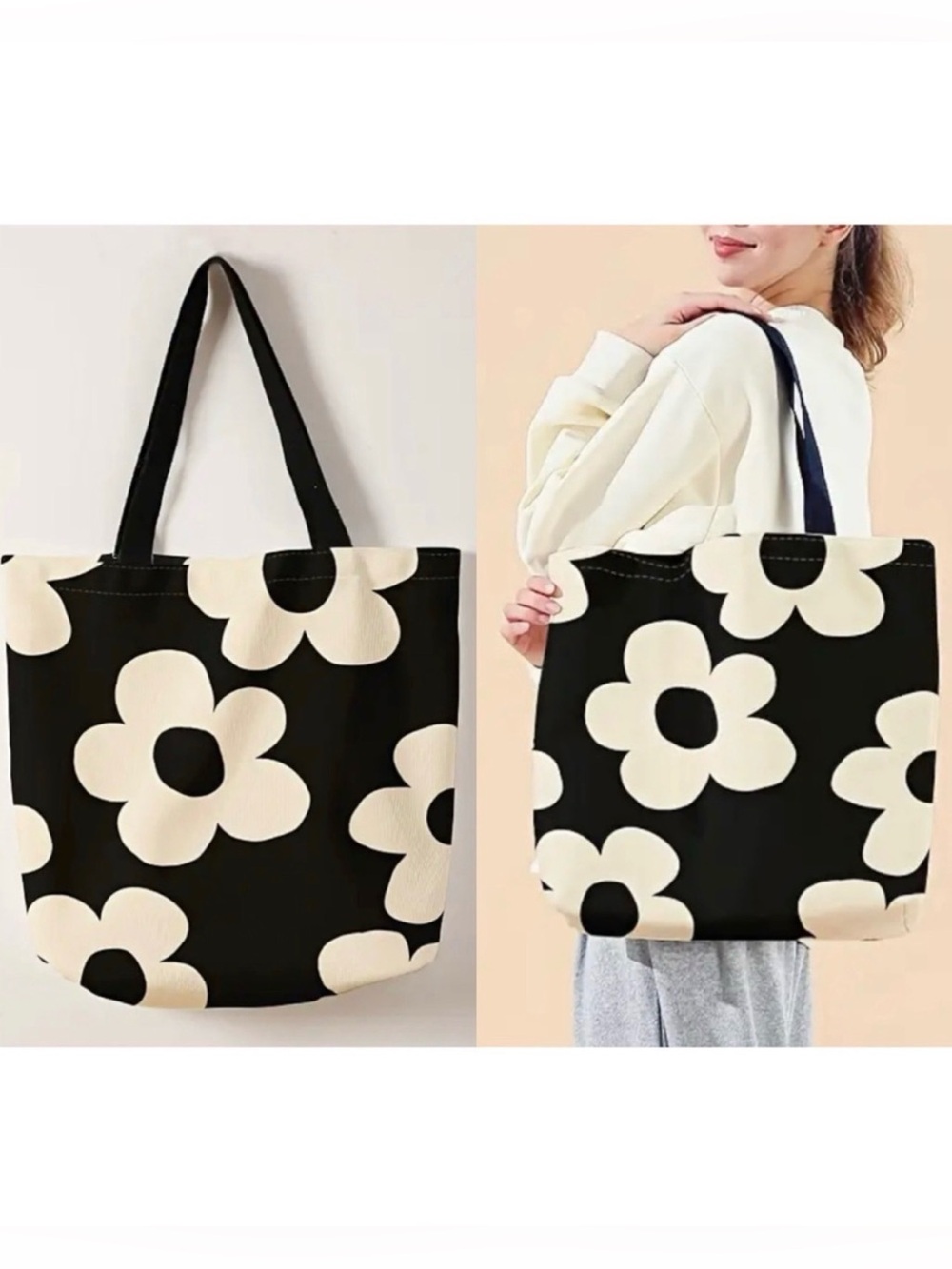 NEW Floral Print Black & Cream Tote Bag Large Shoulder Bag